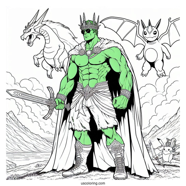 Powerful Hulk Coloring Page Standing Behind Charizard
