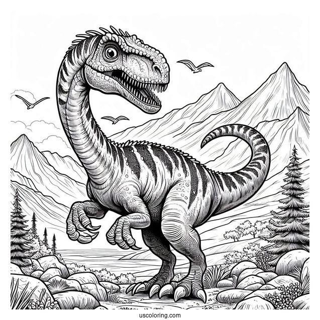 Scary Troodon In The Mountain Coloring Page