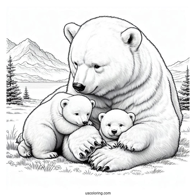 Realistic Coloring Page Of Polar Bear With Cubs