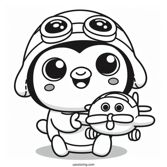 Smiling Pororo Coloring Page Holding Toy Airplane