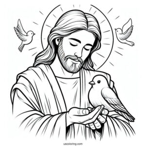 Peaceful Jesus Coloring Pages Holding A Bird For Kids