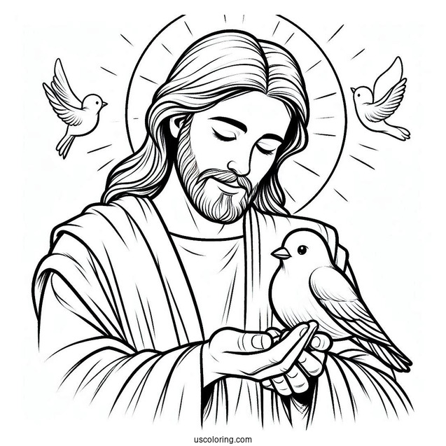 Peaceful Jesus Coloring Pages Holding A Bird For Kids