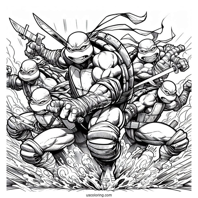 Ninja Turtles Coloring Page Of Raphael, Donatello, Michelangelo, And Leonardo Charging At Enemy