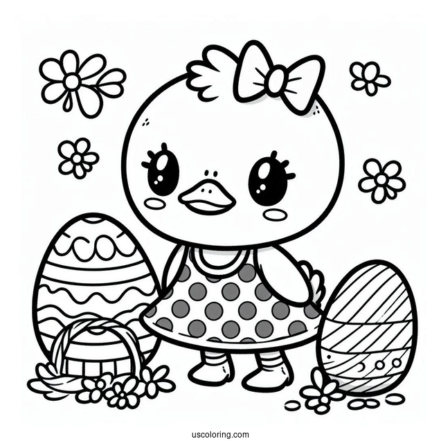 Kawaii Duck In Pola Dot Dress In Easter Coloring Page