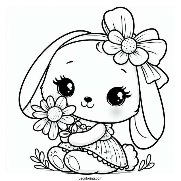 Adorable Easter Coloring Page Of Bunny Holding A Flower For Kids
