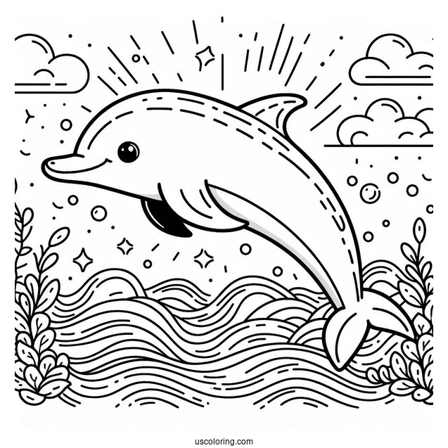 Cartoon Dolphin Swimming In Ocean To Color