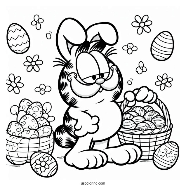 Easter Coloring Page Of Garfield Dressed As Easter Bunny With Basket Of Easter Eggs For Kids