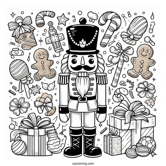 Nutcracker Coloring Page Surrounded By Presents, Gingerbread Men, And Candy Canes