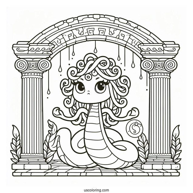 Cute Cartoon Medusa Coloring Page Standing Inside Temple