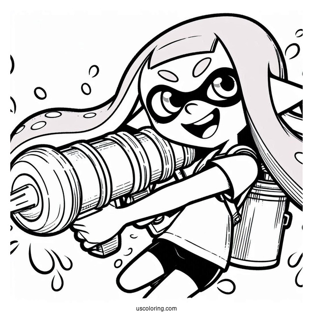 Splatoon Coloring Page Of Happy Pink Inkling Girl Shooting Inkjet