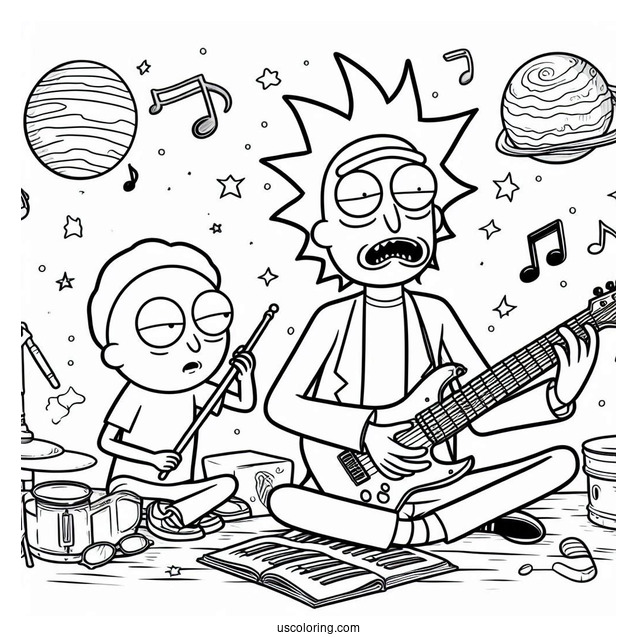 Rick And Morty Playing Music Coloring Page