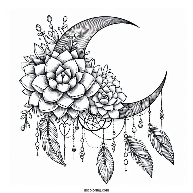 Succulent Coloring Page On A Crescent Moon Dreamcatcher