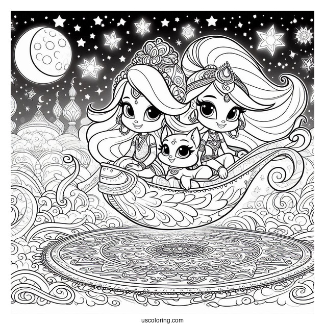 Shimmer And Shine Coloring Page Nahal, And Nazboo On A Magic Carpet With Zeta In The Background