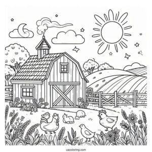 Coloring Page Of a Farm With Fields And Animals