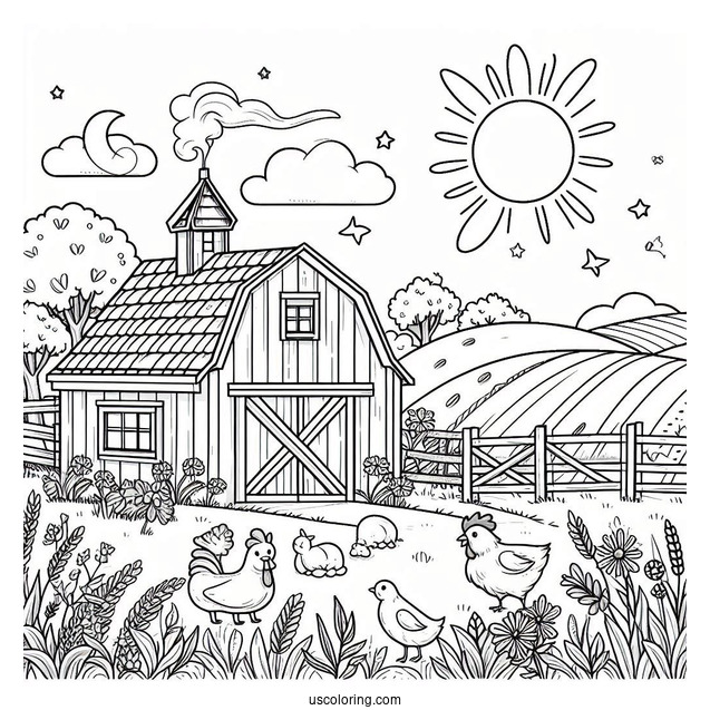 Coloring Page Of a Farm With Fields And Animals