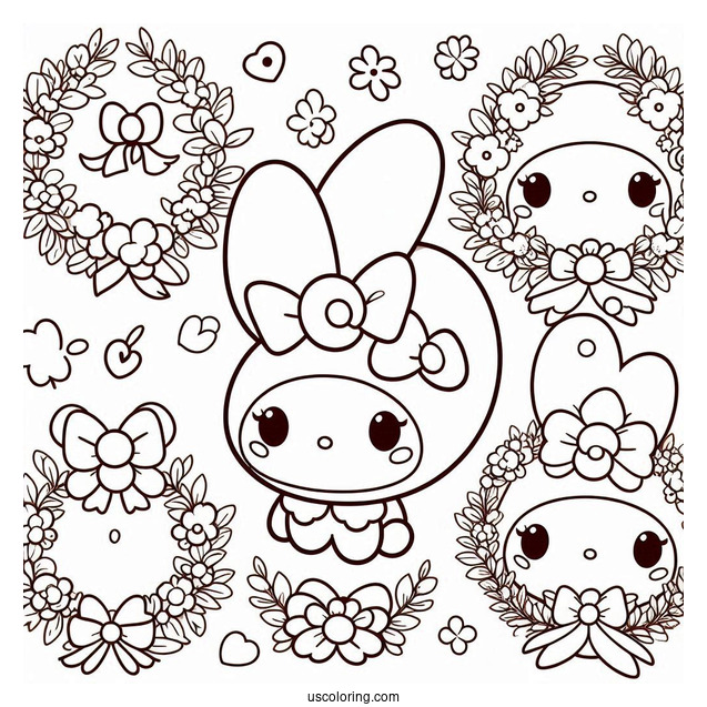 My Melody Coloring Page Making Flower Wreaths With Pompompurin
