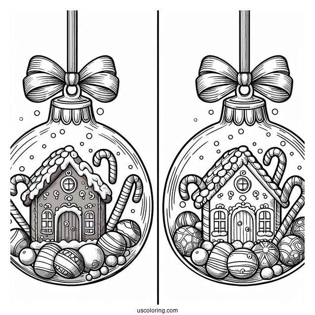 Gingerbread House And Candy Canes Inside Bauble Christmas Ornaments Coloring Page