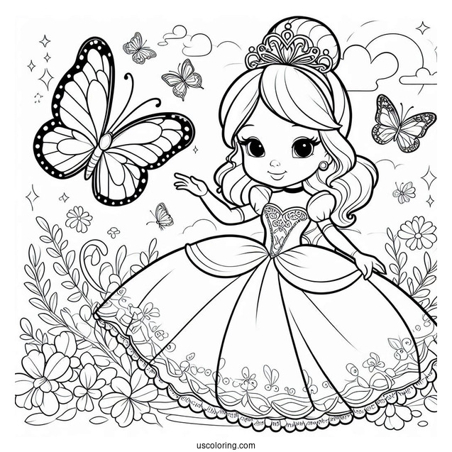 Princess Cinderella Coloring Page With Butterfly Background