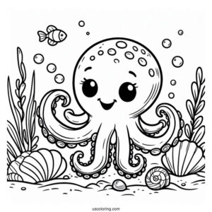 Grinning Cartoon Octopus Coloring Page In The Sea With Shells