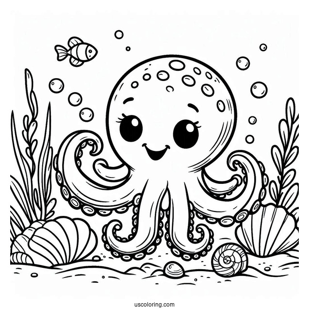 Grinning Cartoon Octopus Coloring Page In The Sea With Shells