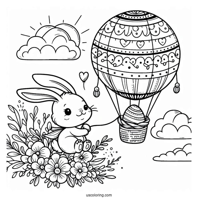 Easter Coloring Page Of Rabbit Flying In An Easter Egg Hot Air Balloon