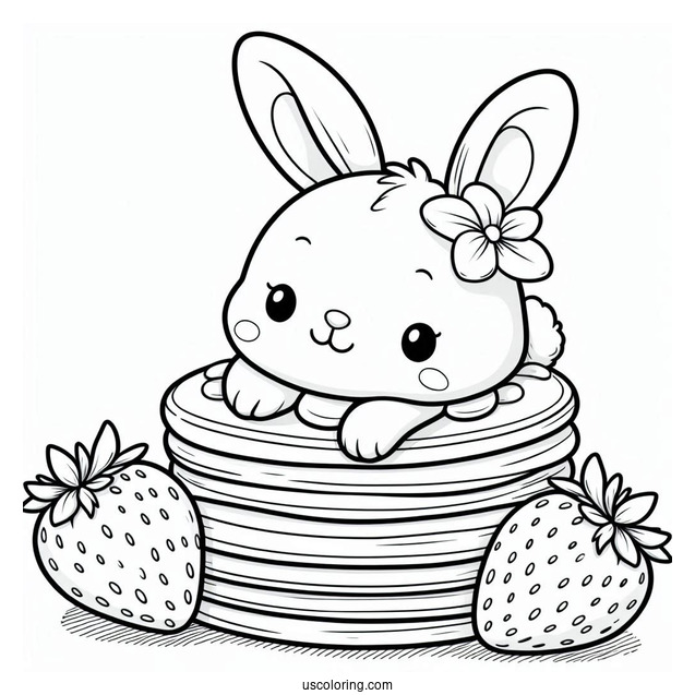 Adorable Bunny On Top Of Two Pancakes With Strawberries