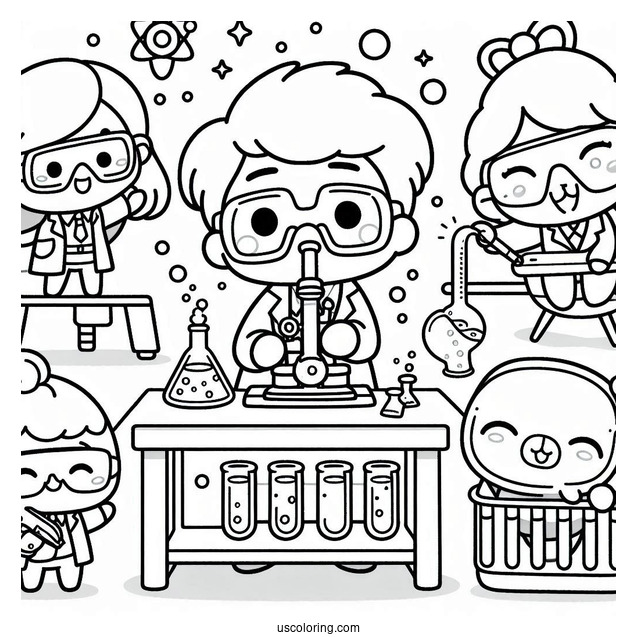 Science Coloring Page Of Kawaii Scientists Performing Lab Experiments For Kids