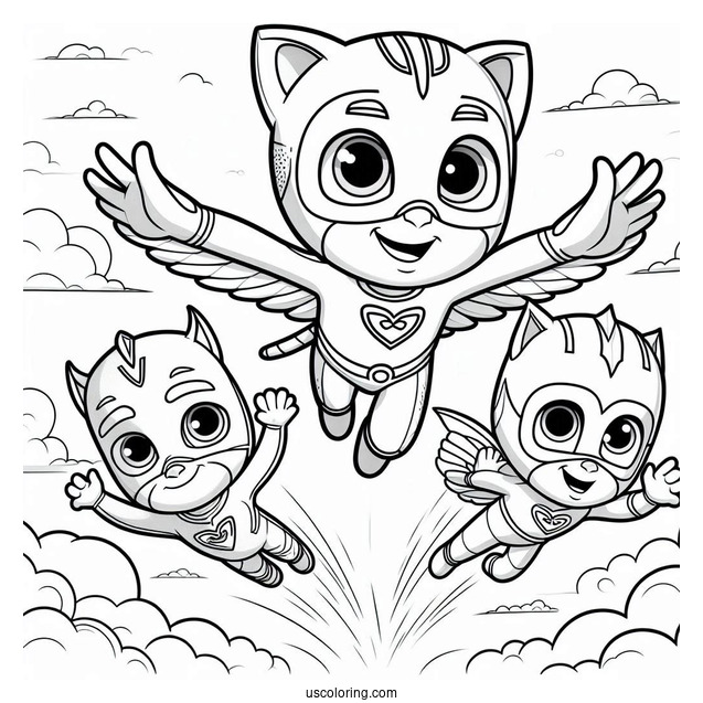 PJ Masks Coloring Page Of Catboy, Gekko, And Oweltte Flying In The Sky