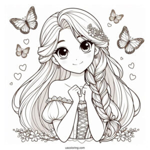Princess Coloring Page Of Anime Rapunzel With Butterflies