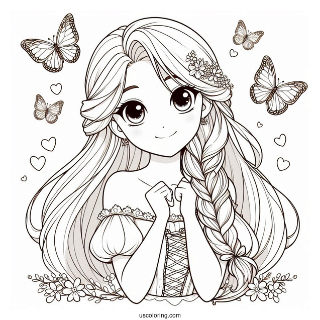 Princess Coloring Page Of Anime Rapunzel With Butterflies