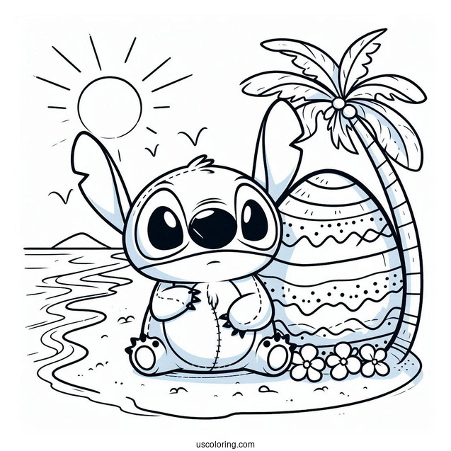 Stitch Easter Egg On A Beach Coloring Sheet
