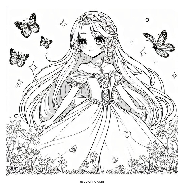 Princess Coloring Page Of Anime Rapunzel With Butterflies
