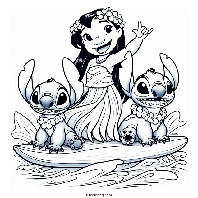 Lilo, Stitch, and Nani Pelekai Riding a Surfboard