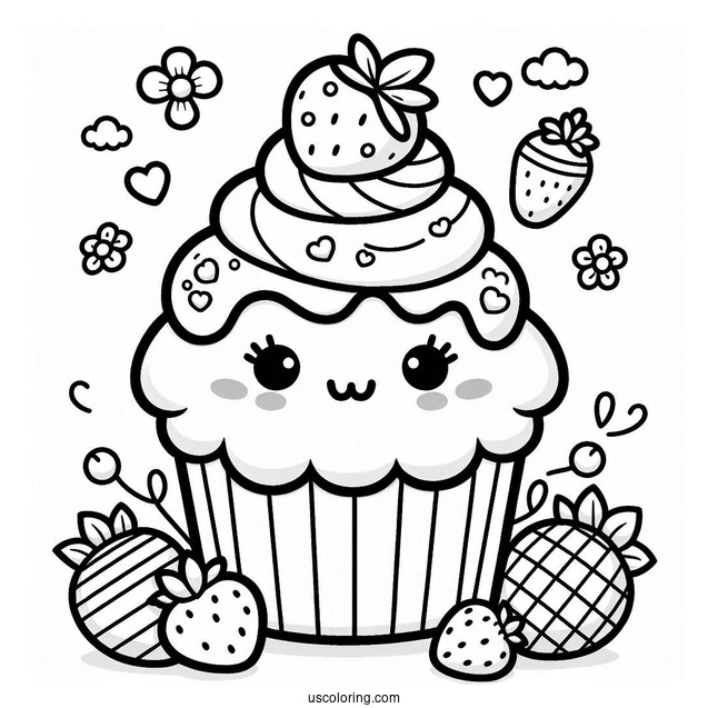 Kawaii Cupcake With Strawberries And Sugar Icing To Color