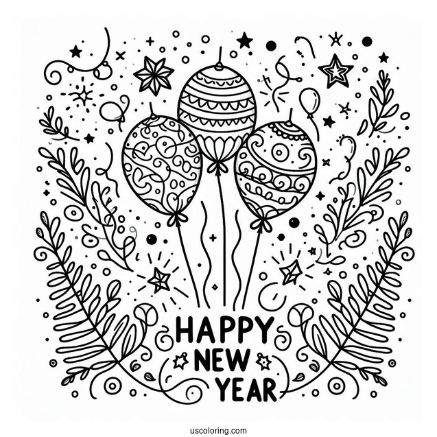 Balloons In The Middle Of Happy New Year Coloring Page Of Words For Kids