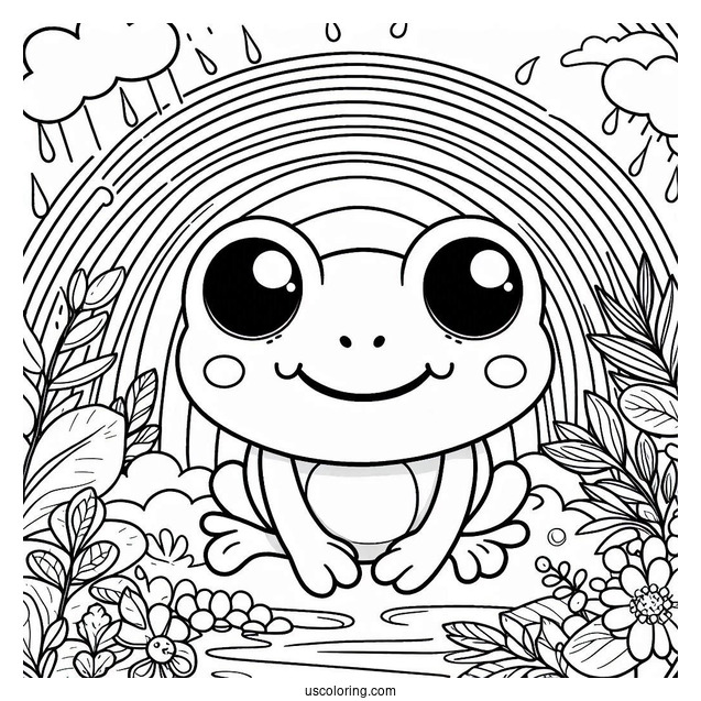 Smiling Frog Sitting Below A Rainbow Coloring Page