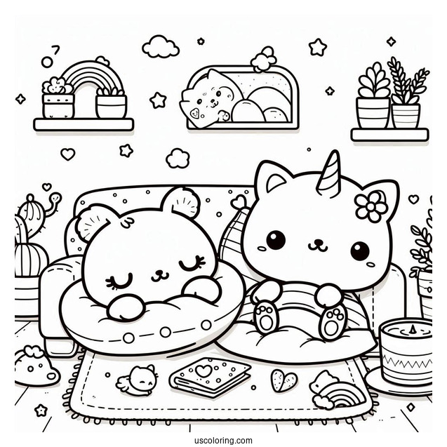 Kawaii Little Animals Resting In A Room Coloring Sheet