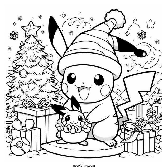 Pokemon Christmas Coloring Page Pikachu Giving Pichu A Present For Kids