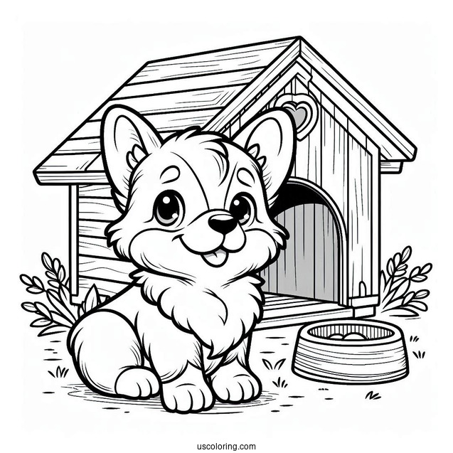 Corgi Puppy In Front Of Dog House