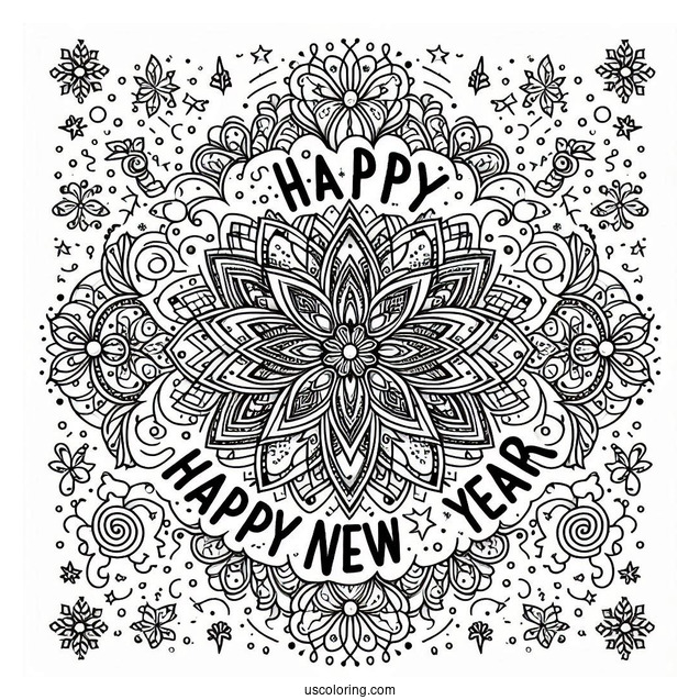 Happy New Year Coloring Page Of Words Below A Festive Mandala