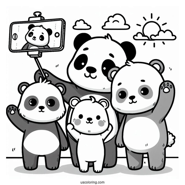 Cartoon Bear Coloring Page Taking Selfie With Panda And Polar Bear