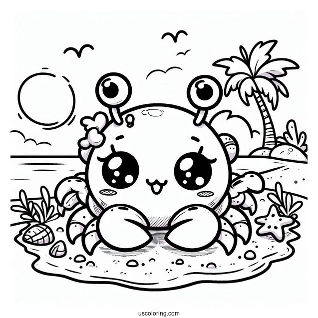 Kawaii Crab On The Beach Coloring Sheet For Kids