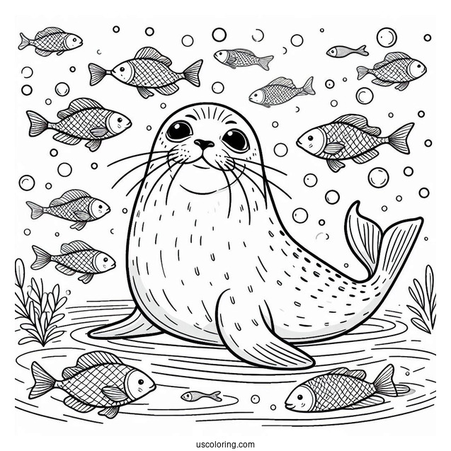 Simple Seal Coloring Page Surrounded By Fish