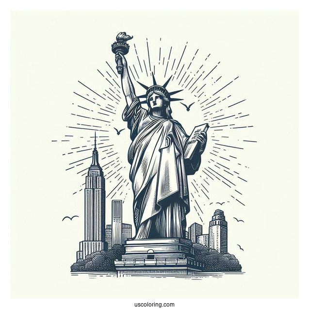 Vintage Statue Of Liberty With New York Coloring Page
