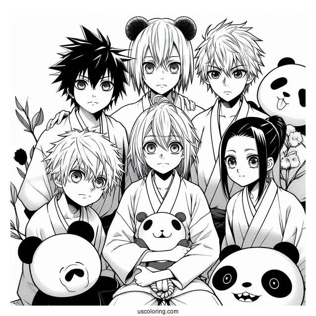 Manga Coloring Page Of Jujutsu Kaisen With Yuji, Nobara, Megumi, Gojo, Sukuna, Panda, Inumaki, And Maki
