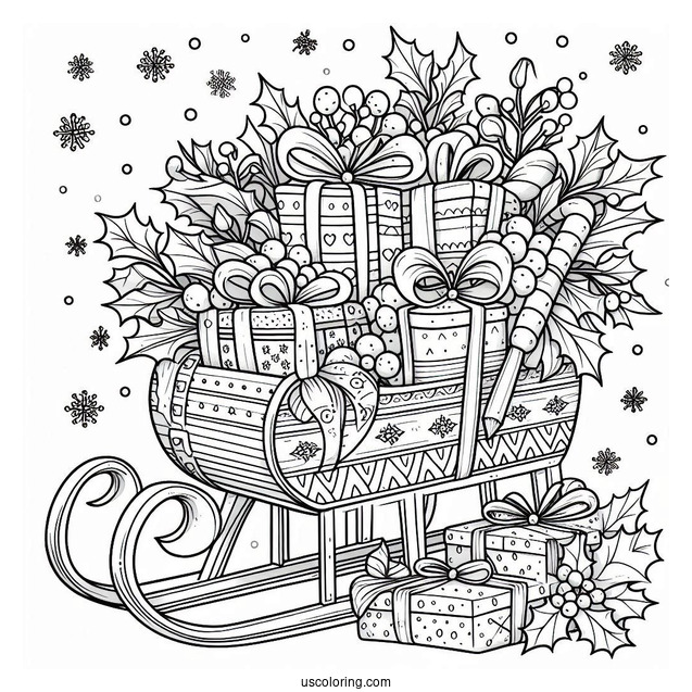 Christmas Coloring Pages For Adults Of Christmas Sled Filled With Hollies, Presents, And Mistletoes