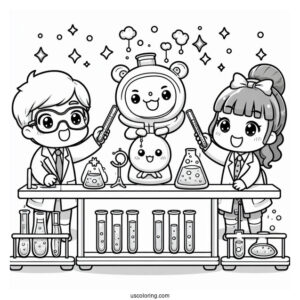 Science Coloring Page Of Kawaii Scientists Performing Lab Experiments For Kids