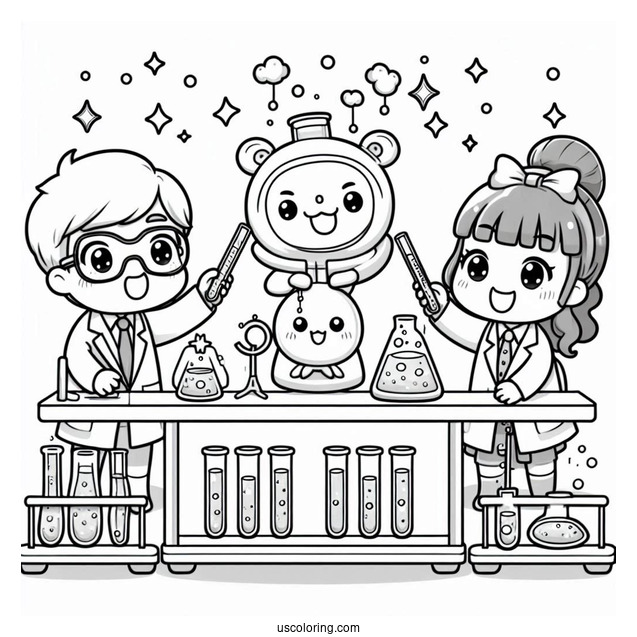 Science Coloring Page Of Kawaii Scientists Performing Lab Experiments For Kids
