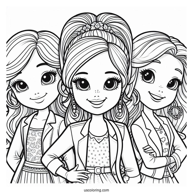 Polly Pocket Coloring Page Of Shani Smith, Lila Draper, And Nikolas Wells Grinning