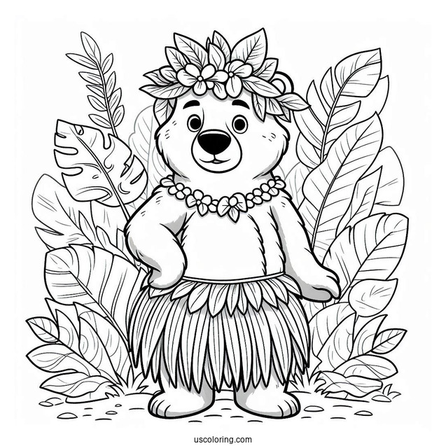 Jungle Book Coloring Page Of Balooo Wearing Hula Skirt And Leaf Headdress For Kids